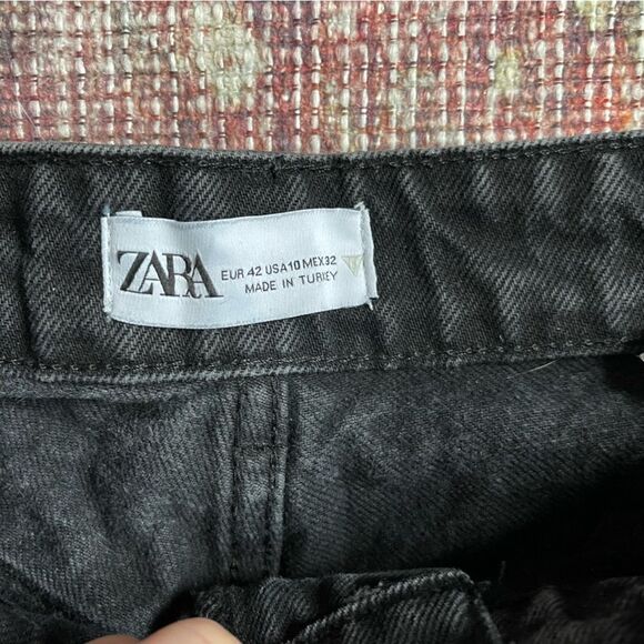 Trendy Zara wide leg cropped Black Distressed Jeans 100% cotton size 10 - Picture 7 of 11